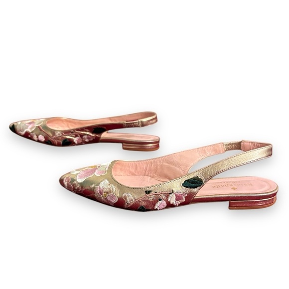 KATE SPADE Barnie Gold Leather Floral Embroidered Slingback Flats - Picture 4 of 7